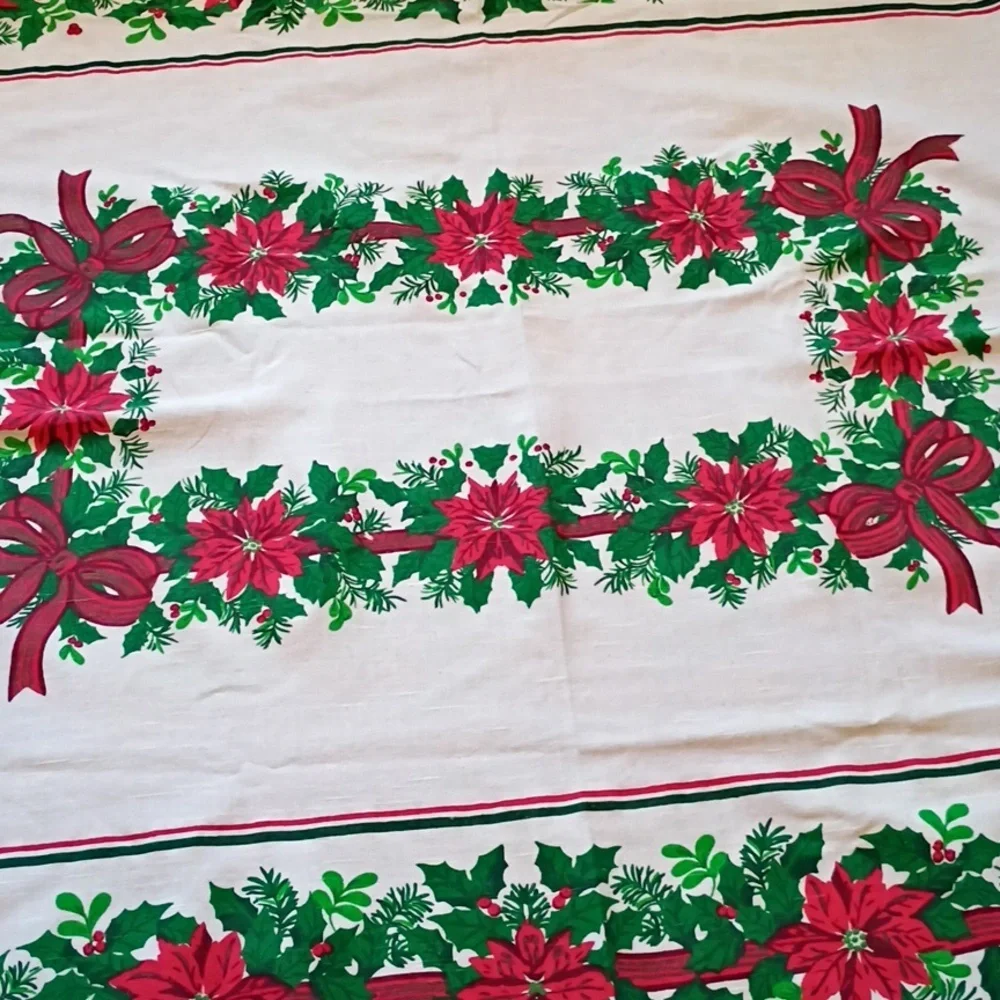 Vintage Holiday Tablecloth with Red and Green Poinsettia Design